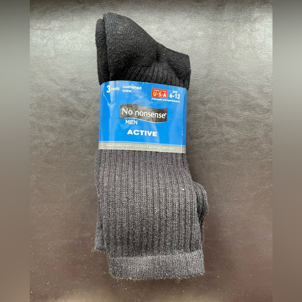 No Nonsense Men’s 3 Pair Black Active Cushion Quarter Top Socks 80% cotton USA